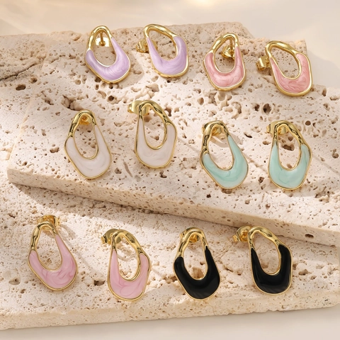 Orecchini a Bottone Irregolari in Acciaio Inossidabile 304 Donna Retro Minimalista Placcato Oro 18K Smalto Marmo Gioielli Moda