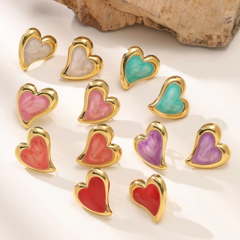 Orecchini a Bottone in Acciaio Inossidabile a Cuore Irregolare Vintage Per Donna Placcati Oro 18K Smalto Texture Marmorizzata Gioielli