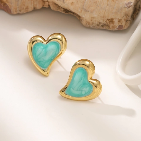 Orecchini a Bottone in Acciaio Inossidabile a Cuore Irregolare Vintage Per Donna Placcati Oro 18K Smalto Texture Marmorizzata Gioielli