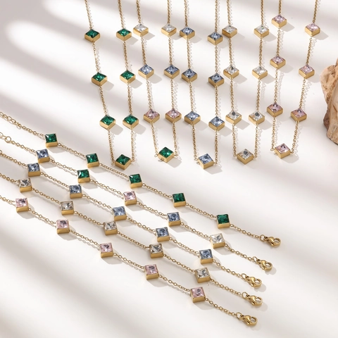 304 Stainless Steel 18K Gold Plated Square Zirconia Necklace And Bracelet Jewelry Set For Women Emerald Elegant Fashion Accessories