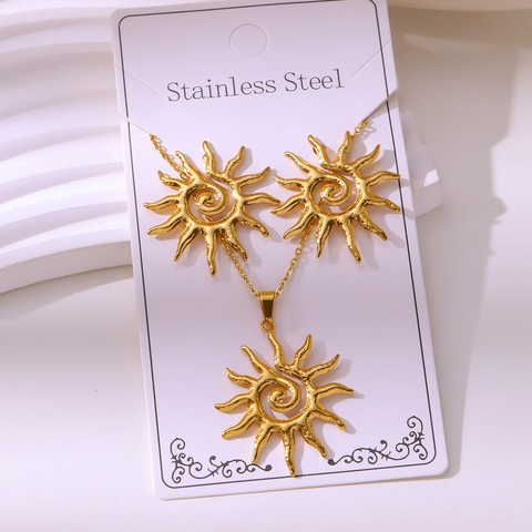 18K Verguld 304 Roestvrij Staal Sieradenset Voor Vrouwen Vintage Bloem Hart Blad Zeester Schelp Hanger Ketting Oorknopjes Set Feest Sieraden Cadeau