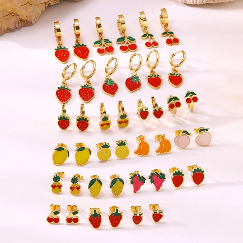 Orecchini a Bottone Creativi a Forma di Frutta in Acciaio Inossidabile 304 Placcati Oro 18K Fragola Ciliegia Gioielli Donna