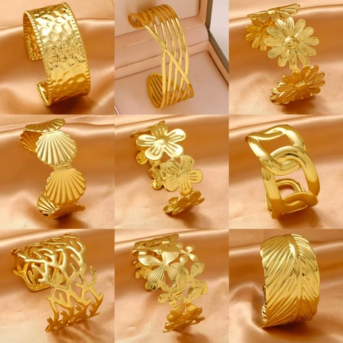 304 Stainless Steel 18K Gold Plated Open Cuff Bracelet For Women Irregular Flower Leaf Butterfly Heart Hollow Vintage Jewelry