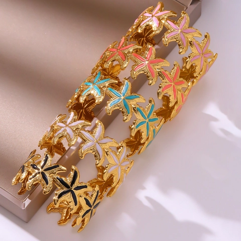 Moda Placcato Oro 18K Acciaio Inossidabile Smalto Stella Marina Braccialetto Aperto Per Donna Gioielli In Stile Marino Vintage Francese