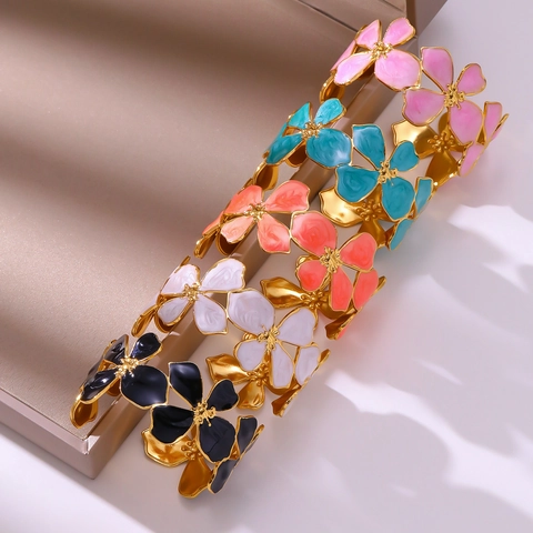 Franse Vintage Roestvrij Staal 18K Verguld C-Vorm Open Armring Emaille Klaverbloem Armband Voor Vrouwen Sieraden