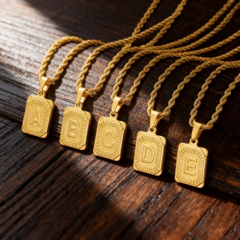 Collana Pendente Quadrato Iniziale Alfabeto 26 In Acciaio Inossidabile Titanio Placcato Oro 18K Gioielli Catena Corda Hip Hop
