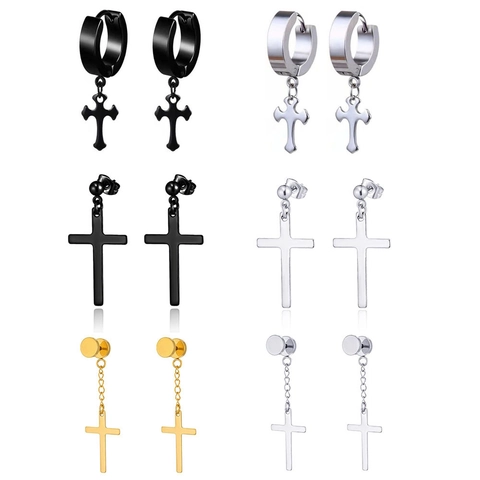 Stainless Steel Cross Pendant Hoop Earrings Set For Men Women Street Gothic Hip Hop Fashion Jewelry Stud Earrings Gold Silver Black