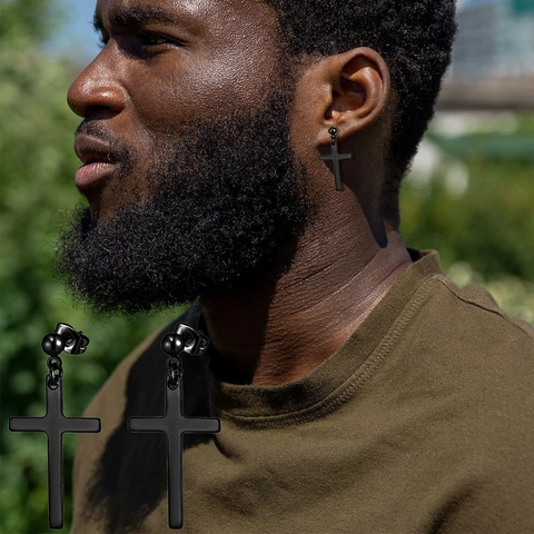 Stainless Steel Cross Pendant Hoop Earrings Set For Men Women Street Gothic Hip Hop Fashion Jewelry Stud Earrings Gold Silver Black