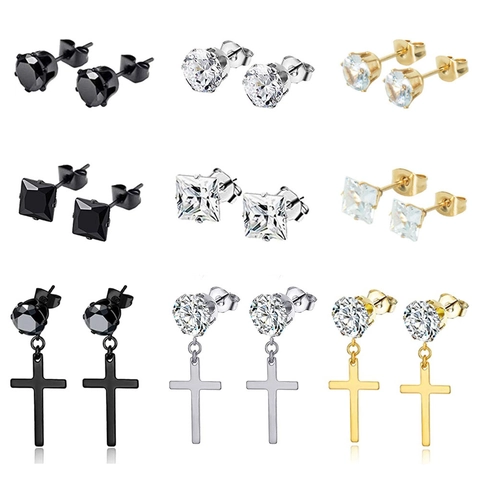 Minimalist Stainless Steel Zircon Stud Earrings Cross Pendant Assorted Geometric Round Square Style Jewelry For Men Women