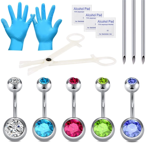 Anelli Per Ombelico In Acciaio Inossidabile Con Zirconia Barra Piercing Curva Con Morsetto Per Aghi Guanti Tamponi Alcolici