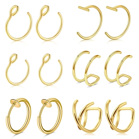 Stainless Steel Fake Nose Ring Lip Ring Ear Cartilage Stud Earrings Non Piercing Clip On Helix Jewelry For Men Women