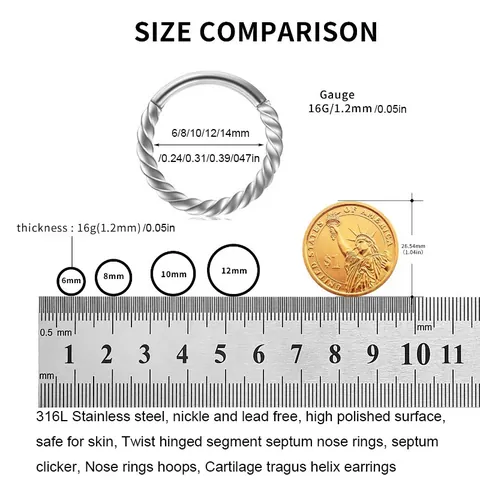 316L Stainless Steel Twisted Hinged Segment Ring Septum Nose Hoop Ear Cartilage Piercing Jewelry For Men Women