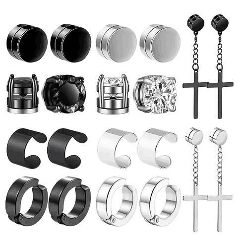 Lot De Boucles D'oreilles Magnétiques En Acier Inoxydable Pour Hommes Femmes Sans Perçage Pendentif Croix Clip D'oreille Zircone Bijoux Punk