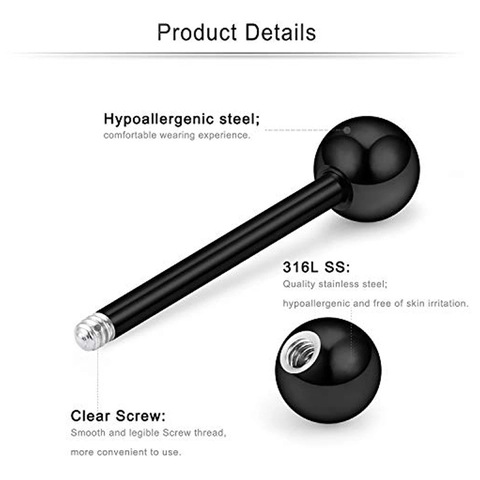 Set Piercing Lengua de Acero Inoxidable Negro Zirconia Bola Shamballa Barbell Piercing Joyería para Hombres Mujeres Body Jewelry