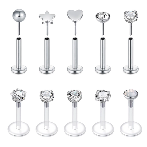 316L Stainless Steel Labret Studs Lip Piercing Jewelry With Zirconia Heart Star Pentagram Round Ball For Men Women