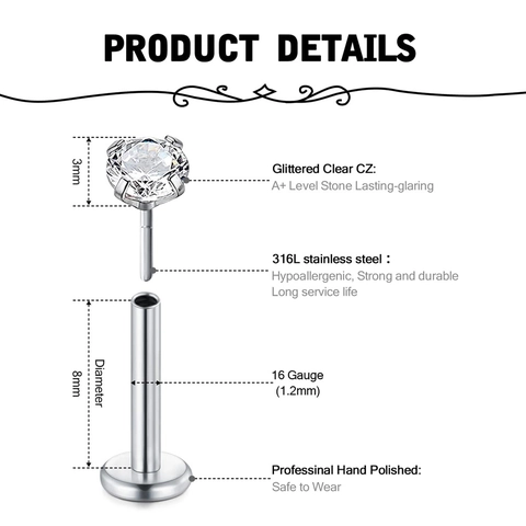 316L Stainless Steel Labret Studs Lip Piercing Jewelry With Zirconia Heart Star Pentagram Round Ball For Men Women