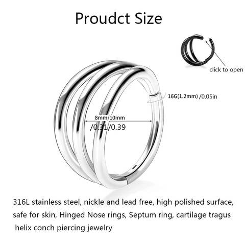 316 Stainless Steel Triple Layer Hinged Segment Nose Ring Clicker Septum Piercing Hoop Helix Tragus Cartilage Jewelry