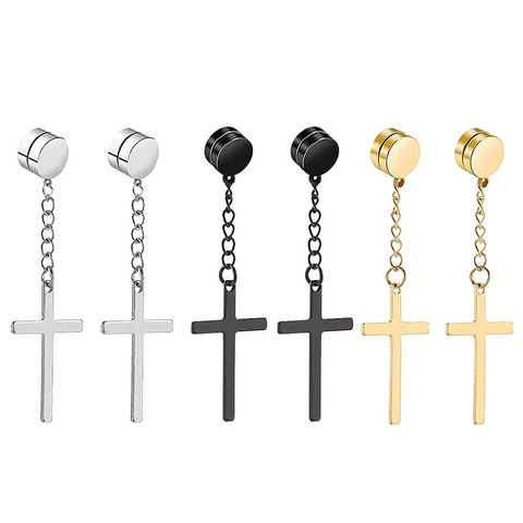 Stainless Steel Magnetic Cross Pendant Earrings Triangle Geometric Ear Clips No Piercing Punk Unisex Jewelry
