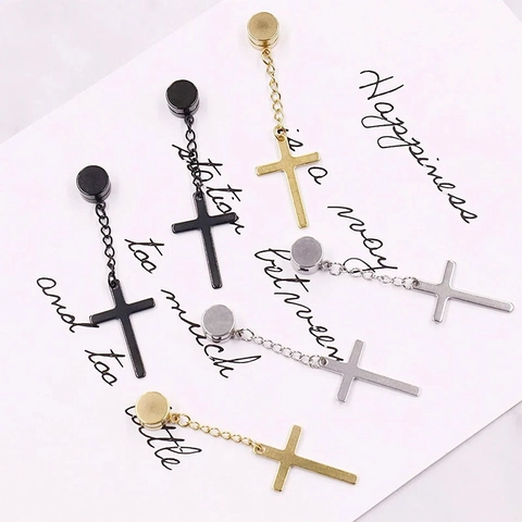 Stainless Steel Magnetic Cross Pendant Earrings Triangle Geometric Ear Clips No Piercing Punk Unisex Jewelry