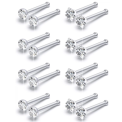 Set de Piercings para Nariz de Acero Inoxidable 316L Circonita Engaste 4 Garras Varilla Recta Joyería para Hombre Mujer