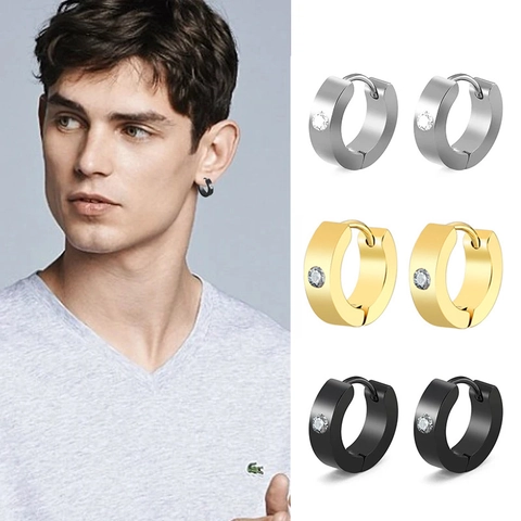 Stainless Steel Huggie Hoop Earrings For Men Women Unisex Zirconia Inlaid Minimalist Round Geometric Ear Buckle Jewelry