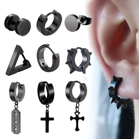 Stainless Steel Stud Earrings For Men Women Punk Gothic Cross Blade Triangle Hoop Earrings Geometric Earring Set Jewelry