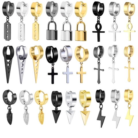 Stainless Steel Hoop Earrings For Men Women Punk Lightning Cross Razor Blade Padlock Feather Triangle Geometric Drop Earrings