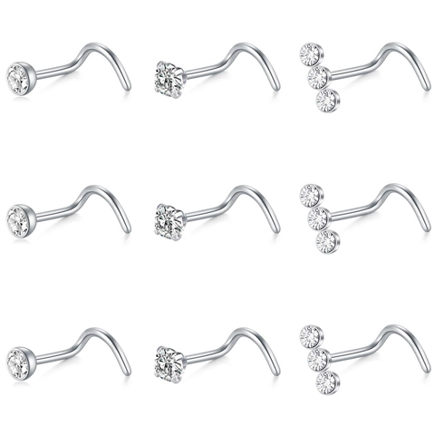 L-Shaped Screw 316L Stainless Steel Nose Stud Set With Cubic Zirconia Hypoallergenic Piercing Body Jewelry For Men Women