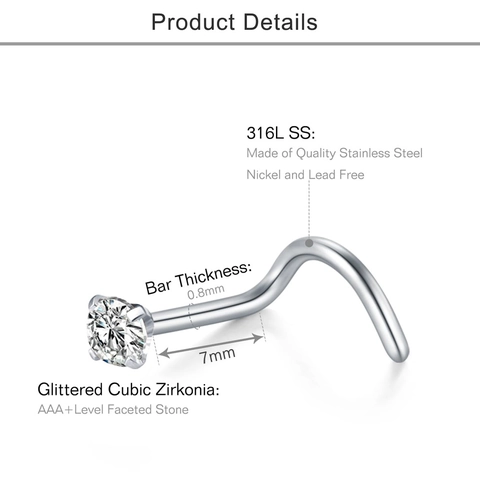 L-Shaped Screw 316L Stainless Steel Nose Stud Set With Cubic Zirconia Hypoallergenic Piercing Body Jewelry For Men Women