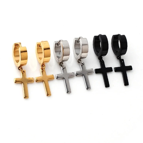 Punk Edelstahl Kreuz Ohrhänger Für Herren Gothic Hip Hop Creolen Stecker Schmuck Gold Silber Schwarz Blau