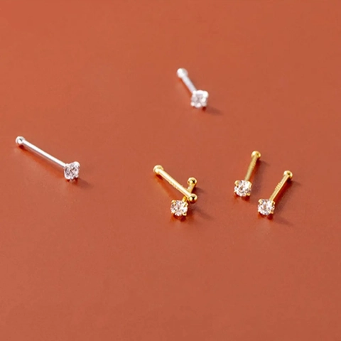 Stainless Steel Zircon Nose Stud For Men Women 4-Claw Round Crystal Piercing Jewelry L-Shape Straight Bone Nose Ring