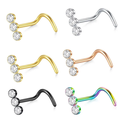 Piercing de Nariz en Forma de L de Acero Inoxidable Con 3 Zirconias Cúbicas Blancas Incrustadas Poste Curvo 20G 0,8 mm Unisex