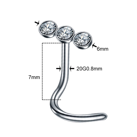 Piercing de Nariz en Forma de L de Acero Inoxidable Con 3 Zirconias Cúbicas Blancas Incrustadas Poste Curvo 20G 0,8 mm Unisex