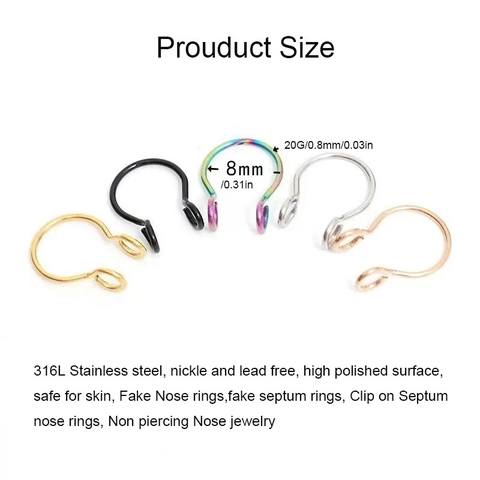 316L Stainless Steel Fake Nose Rings Clip On Non Piercing U Shaped Hoop For Women Men Minimalist Body Jewelry Nose Stud