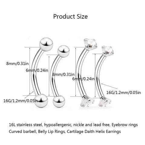 Stainless Steel Curved Barbell Eyebrow Studs With Zircon Claw And Ball Ends Body Piercing Jewelry For Women Men Minimalist Style