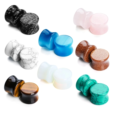 Natural Stone Double Flare Ear Plugs Gauges Rose Quartz Opal Tiger Eye Turquoise Snowflake Obsidian Body Piercing Jewelry