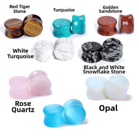 Natural Stone Double Flare Ear Plugs Gauges Rose Quartz Opal Tiger Eye Turquoise Snowflake Obsidian Body Piercing Jewelry