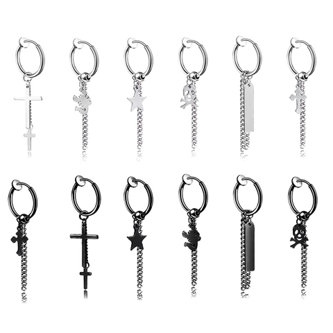 Punk Stainless Steel Dangle Earrings For Men Women Cross Skull Star Scorpion Pendant Drop Gothic Hip Hop Jewelry Ear Clips