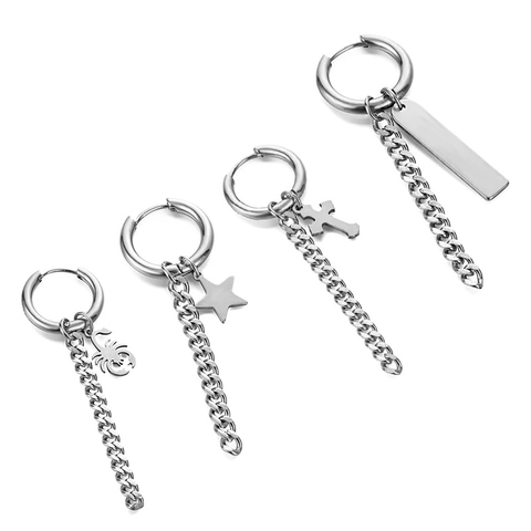 Punk Stainless Steel Dangle Earrings For Men Women Cross Skull Star Scorpion Pendant Drop Gothic Hip Hop Jewelry Ear Clips