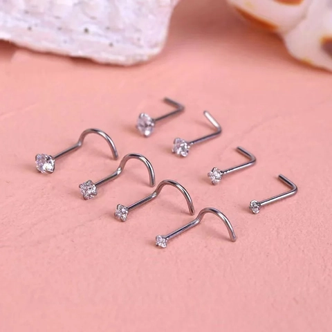 Pendientes de Nariz Minimalistas de Acero Inoxidable con Zirconia Forma de L Curvados Rectos Joyería de Piercing para Mujer Hombre