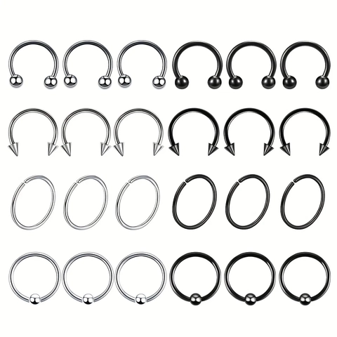 Stainless Steel Nose Ring Set Horseshoe Circular Barbell CBR Seamless Hoop Black Silver Piercing Jewelry For Women Men