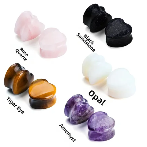 Dilatatori per Orecchie a Forma di Cuore in Pietra Naturale Ametista Quarzo Rosa Occhio di Tigre Pietra di Sabbia Blu Gioielli