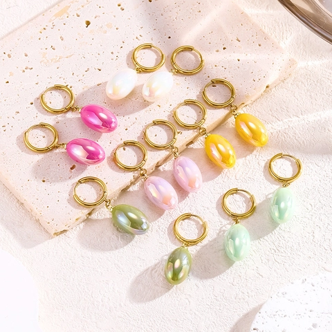Boucles D'oreilles Créoles En Résine Irisée Acier Titane Coloré Nacré Pendantes Pour Femmes