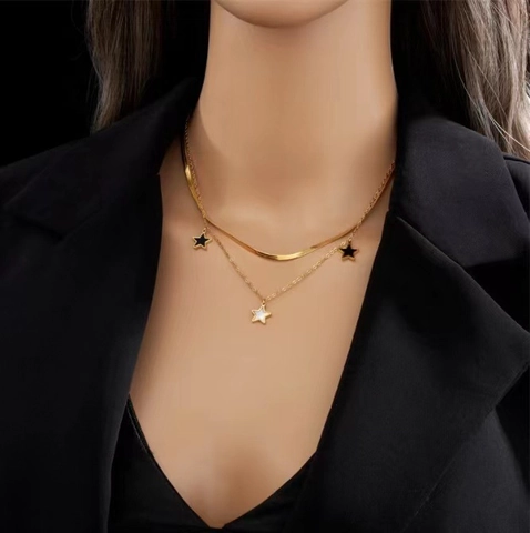 Double Layer Star Pendant Necklace Bracelet Set Gold Plated Titanium Steel Snake Chain Jewelry For Women