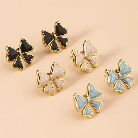 Orecchini a Bottone a Fiocco in Acciaio Inossidabile Placcato Oro 18K Vintage Francese per Donna Orecchini a Fiocco in Smalto
