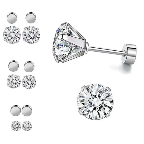 Pendientes de Botón de Acero Inoxidable con Zircón para Mujer Hombre Parte Posterior Plana Tornillo Interno Joyería Piercing