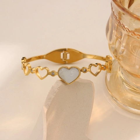18K Gold Plated Titanium Steel Bangle For Women Fashion Zircon Mother Of Artificial Pearl Evil Eye Heart Clover Hinged Bracelet Jewelry