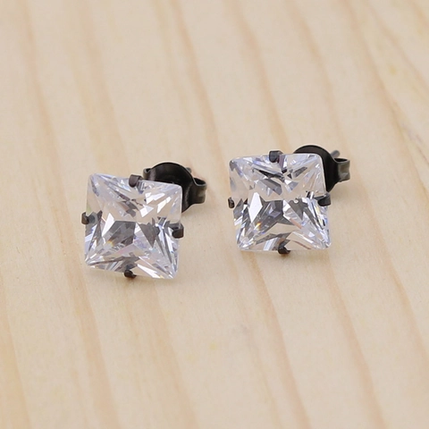 Pendientes de Botón de Acero Inoxidable Cuadrados Corte Princesa AAA Zirconia Cúbica Cuatro Garras Joyas Para Mujer