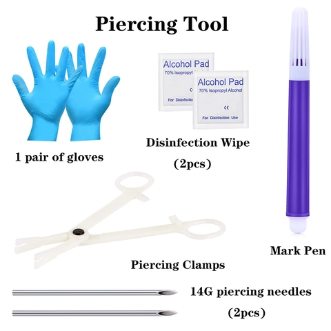 Kit Piercing Langue Acier Inoxydable Anneaux Haltères Aiguilles Pinces Gants Tampons Alcool Marqueur Bijoux De Corps