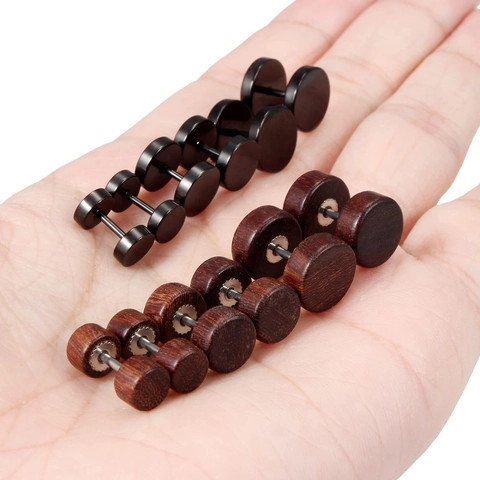 316L Stainless Steel Wood Stud Earrings For Men Women Barbell Dumbbell Round Black Redwood Ear Piercing Jewelry Accessory